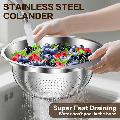 Miniatura 7 de Colador de acero inoxidable con tazón para mezclar, lavadora de arroz, colador para cocina, colador de arroz, lavado de frutas y verduras, colador