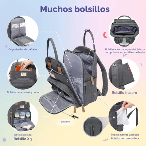 Miniatura 3 de RUVALINO - Mochila para pañales neutros todo en uno para niños y niñas, mochila de viaje grande multifunción con cambiador portátil, correas
