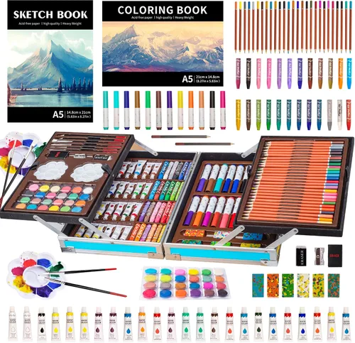 KINSPORY Kit de suministros de arte de lujo para niños, niñas, adolescentes, de 5 a 12 años, con bloc de bocetos, acuarelas, crayones, lápices,