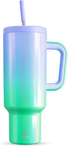 Miniatura 27 de Meoky - Vaso de 30 oz con asa, tapa y pajilla, taza de viaje térmica de acero inoxidable 100% a prueba de fugas, para portavasos, mantiene el frío