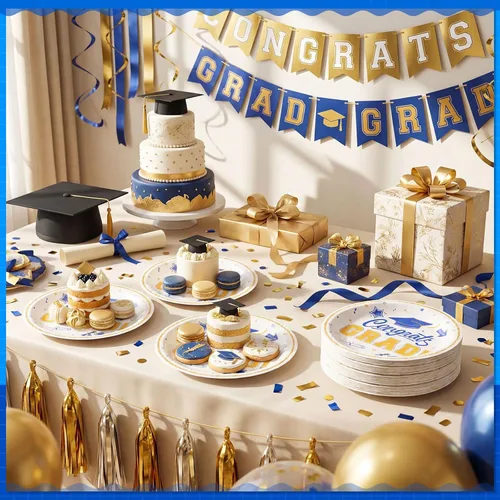 Miniatura 2 de Sabary 100 platos de postre de papel de graduación 2026, color azul y blanco, suministros para fiestas de graduación de 7 pulgadas, platos