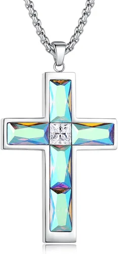 Miniatura 17 de Collar de cruz con piedra de nacimiento para hombre, collar de cruz de acero inoxidable 316L con colgante de cruz de circonia cúbica para mujer
