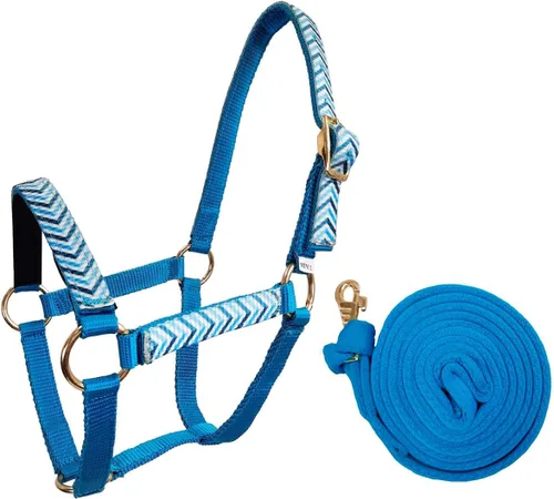 Miniatura 2 de Tahoe Tack Arnes de nylon mini con patrón para caballo con muserola acolchada y cuerda de nailon de agarre suave de 7' - Garantía de 6 meses