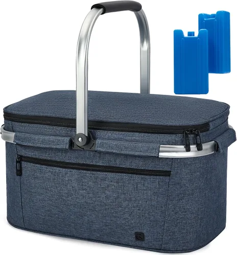 Miniatura 16 de ALLCAMP Cesta de pícnic, 2 cajas de hielo incluidas con enfriador aislado de 32 litros, cesta de picnic plegable gruesa con cestas extraíbles