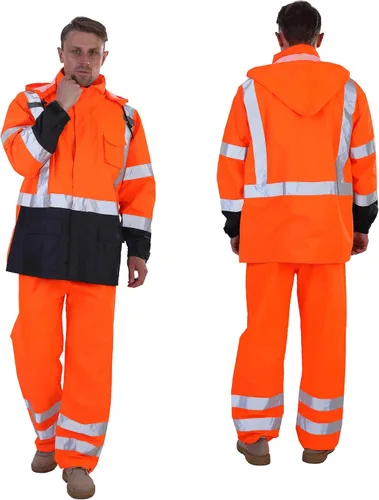 Miniatura 11 de sesafety Chaqueta de Lluvia de Alta Visibilidad, Trajes de Lluvia para Hombres Impermeables con Fondo Negro, Abrigos de Lluvia para Hombres