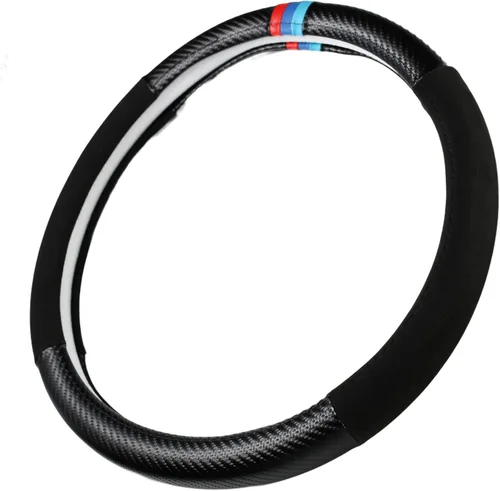 Miniatura 10 de Funda para volante de fibra de carbono + cuero con franjas deportivas en la parte superior, antideslizante y absorbente de sudor, ajuste universal