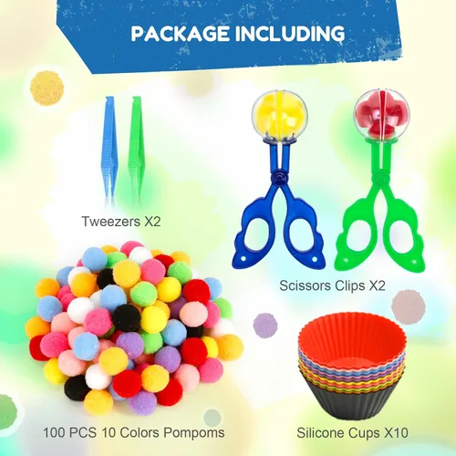 Miniatura 2 de 114 piezas de relleno para contenedor sensorial de habilidades motoras finas, incluye 10 tazones de clasificación, 100 pompones, 2 pinzas, 2