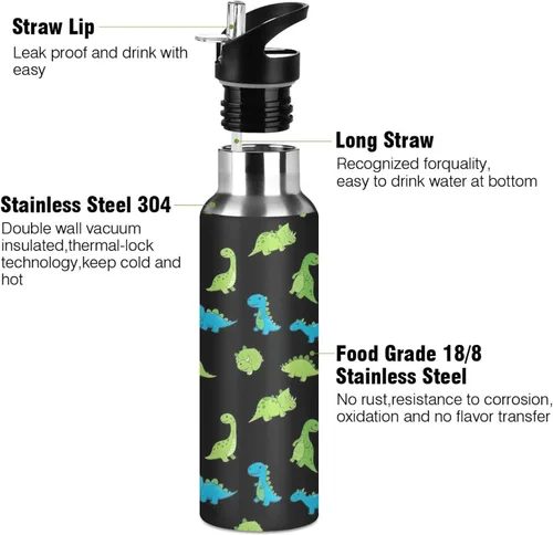 Miniatura 3 de Insulated Stainless Steel Water Bottle with Straw 20 Oz, BPA-Free Sport Water Bottle for Gym Outdoor Travel School, Cute Dino