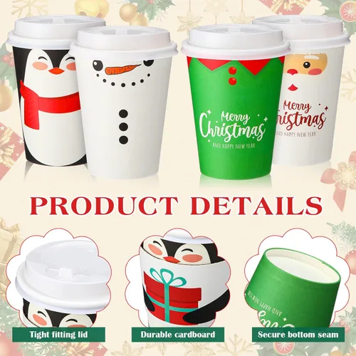 Miniatura 4 de Yungyan Paquete de 100 Tazas de Café Desechables de Navidad de 12 oz con Tapas y Mangas, Tazas de Café de Papel Aisladas con Tapas de Cúpula