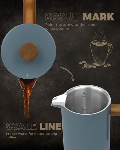 Miniatura 4 de POLIVIAR - Cafetera de prensa francesa, prensa de café de 34 onzas con mango de madera real, aislamiento de doble pared y pantalla de doble filtro