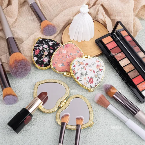 Miniatura 7 de AUEAR, Paquete de 4 pequeñas flores portátiles espejo de maquillaje retro floral doble cara monedero para viaje cosmético corazón