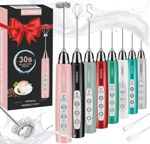 Miniatura 25 de YUSWKO - Espumador de leche recargable de mano con 3 cabezas, mezclador de bebidas con 3 velocidades ajustables para latte, cappuccino, chocolate
