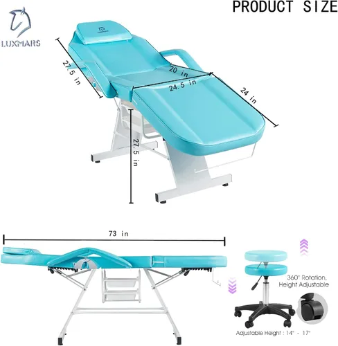 Miniatura 3 de Silla facial, silla de tatuaje de 73 pulgadas para cliente, mesa de masaje ajustable de 3 secciones con taburete, camas de belleza multiusos