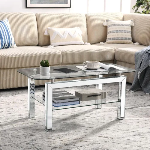 Miniatura 7 de Mesa auxiliar rectangular con parte superior de vidrio con patas de espejo plateadas para sala de estar, moderna y glamorosa mesa de vidrio templado