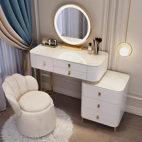 Miniatura 15 de Tocador, tocador de maquillaje con taburete acolchado, tocador con espejo iluminado LED y mesa auxiliar, mesa de maquillaje con 3 cajones