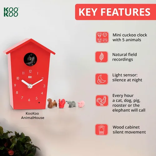 Miniatura 4 de KOOKOO AnimalHouse - Reloj de cuco pequeño, rojo, con 5 sonidos de animales de granja (grabaciones de campo naturales)