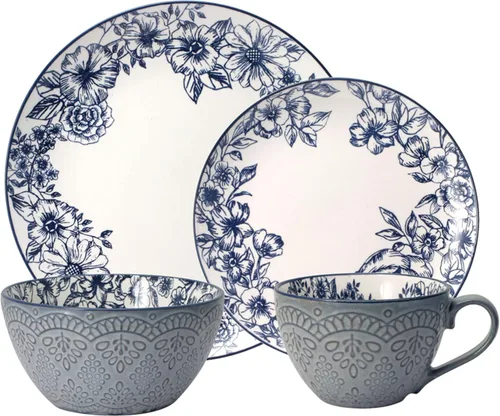Miniatura 2 de Pfaltzgraff Gabriela Blue - Juego de vajilla de 16 piezas, servicio para 4, platos, tazones y tazas de gres duradero con elegante patrón azul, apto