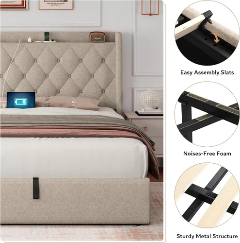Miniatura 6 de iPormis Base de cama de almacenamiento elevable de tamaño completo con estación de carga, base de cama de plataforma tapizada con cabecera capitoné