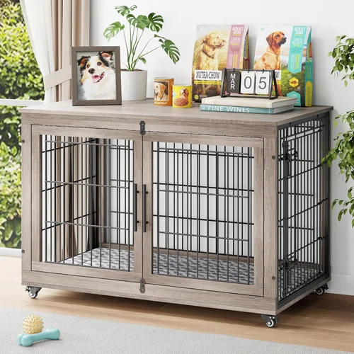 Miniatura 17 de YaFiti Mueble de jaula para perros con cojín, perrera de madera para interiores con puertas dobles, jaula para perros con ruedas, mesa auxiliar