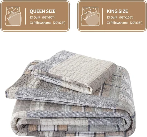 Miniatura 6 de KALOOLA Colchas de estilo granja tamaño Queen, 100% algodón, colcha acolchada ligera con 2 fundas de almohada, juego de ropa de cama estampada