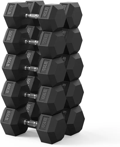 Miniatura 20 de PAPABABE Juego de mancuernas hexagonales de 45 a 550 libras, mancuernas de gimnasio en casa con revestimiento de goma, mancuernas para mujeres