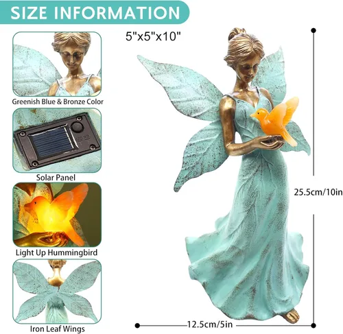 Miniatura 4 de Decoración solar de estatua de jardín de hadas, figura de resina de ángel de 10 pulgadas, impermeable, decoración del hogar con luces LED de colibrí