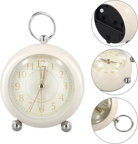 Miniatura 3 de Reloj despertador vintage de metal de mesa de 3.5 pulgadas colgante para anillo de noche despertador simple silencioso sin tictac con luz nocturna