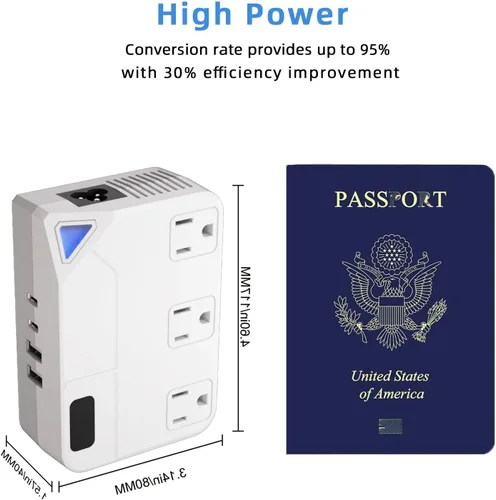 Miniatura 12 de Enchufe de conversión de 250 W, convertidor de viaje internacional con 2 puertos USB y 2 puertos USB-C, reducción de 220 V a 110 V para áreas de 100
