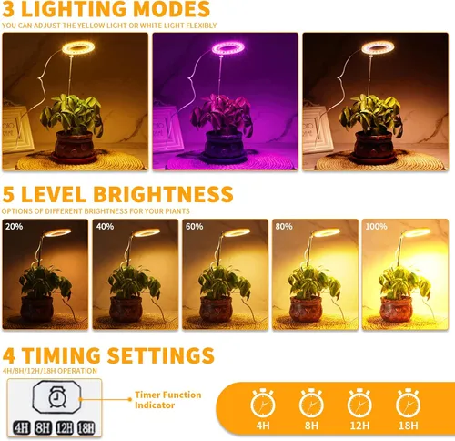 Miniatura 6 de GooingTop Luz LED de Crecimiento, Lámpara de Planta Halo para Plantas de Interior en Crecimiento, Luz Blanca Baja para Suculentas y Plantas Pequeñas
