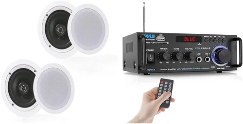 Pyle Altavoces empotrados en pared de 5.25 pulgadas y amplificador estéreo Bluetooth de 200 W sistema de audio para el hogar