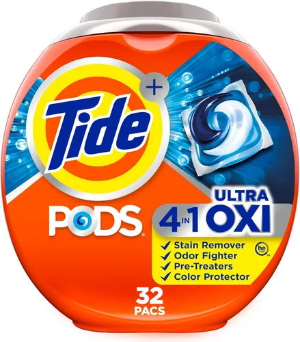 Tide, 4-n-1 Ultra Oxi Pods - Paquete de detergente para ropa, compatible con HE, pretratador integrado para manchas, 32 unidades