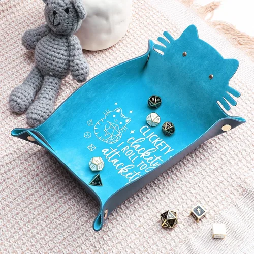 Miniatura 6 de Bandeja de Dados de Gato Azul Novedad Bandeja de Dados de Cuero PU con Forma de Gato Morado para Rodar Portátil Soporte de Dados Organizador