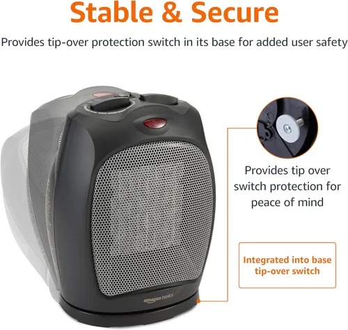 Miniatura 5 de Amazon Basics Calentador de espacio de cerámica oscilante, solución de calefacción portátil para interiores, con protección contra Negro