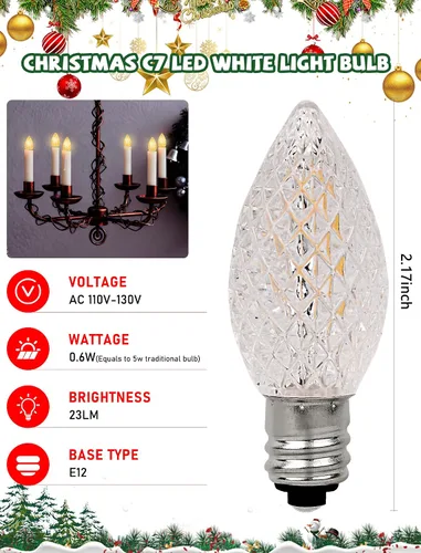 Miniatura 2 de Paquete de 25 bombillas LED transparentes C7, bombillas de repuesto de Navidad con base de candelabro E12, bombillas blancas cálidas inastillables