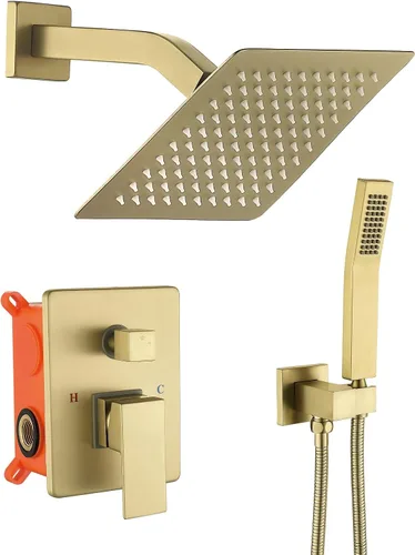 Miniatura 8 de JOYWELL - Grifo de ducha dorado cepillado, cabezal de ducha de 8 pulgadas Accesorios de ducha de equilibrio de presión de 2 funciones,Pulverizador