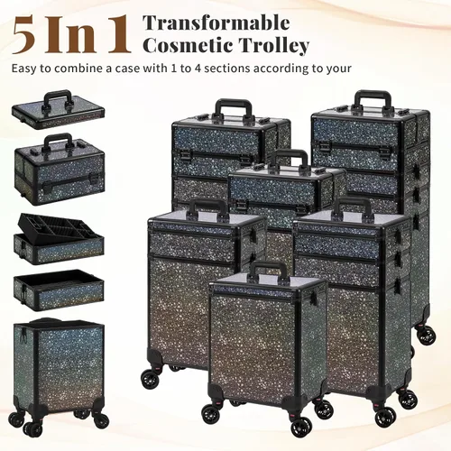 Miniatura 2 de AROUS Estuche de Maquillaje Rodante 5 en 1, Estuche de Cosmetología con Ruedas, Organizador de Cosméticos Grande, Carro de Viaje para Peluquero