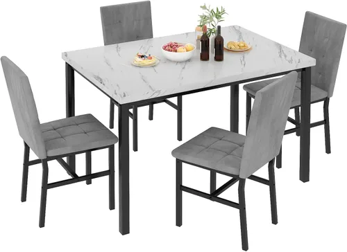 Miniatura 11 de Hooseng Juego de mesa de cocina de 5 piezas, juego de mesa de comedor de mármol, 4 sillas, juego de mesa de comedor para cocina, sala de estar, Negro
