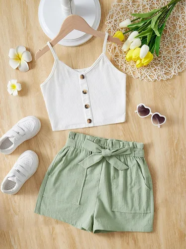 Miniatura 5 de SHENHE Conjunto de 2 piezas para niña, camiseta sin mangas con botones y pantalones cortos con cinturón