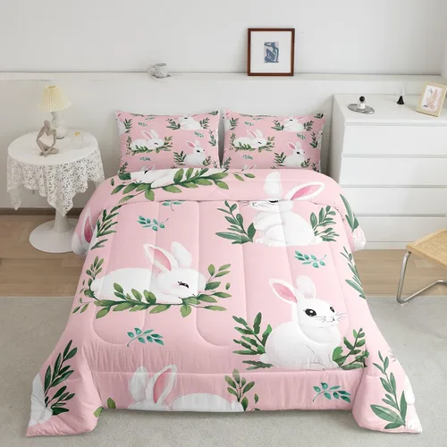 Miniatura 17 de Feelyou Juego de ropa de cama de conejo para niños, tamaño individual, juego de edredón de conejo para niñas y mujeres, edredón de plumón verde
