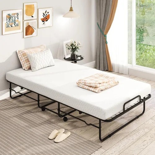 Miniatura 2 de Giantex Cama plegable individual con colchón, cama portátil enrollable con marco de metal resistente, cama plegable que ahorra espacio con colchón