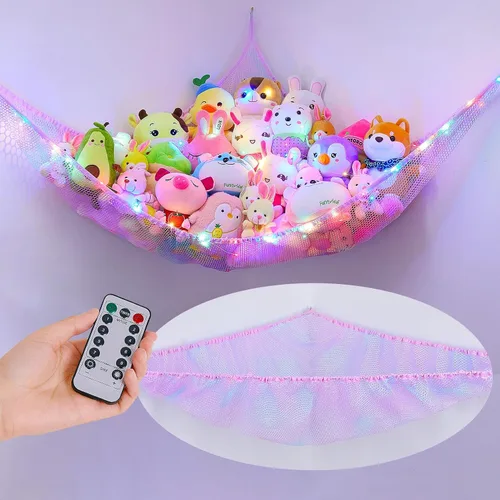 Miniatura 10 de Unicorn Castle Hamaca de red para animales de peluche, almacenamiento de juguetes con luz LED, organizador de juguetes de felpa para colgar