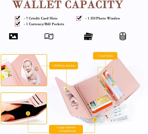 Miniatura 2 de CONISY Lindas carteras para mujer, de cuero con bloqueo RFID, pequeña cartera triple con ventana de identificación para niñas y mujeres