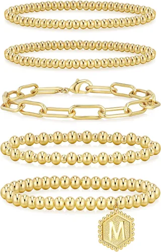 Miniatura 19 de adoyi - Pulseras de oro para mujer, impermeables, con cuentas de bolas chapadas en oro de 14K, pulseras ajustables apilables para regalos