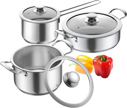 Aufranc Juego de ollas y sartenes de acero inoxidable, 6 piezas antiadherentes de cocina de inducción, funciona con cocinas de inducción/eléctricas