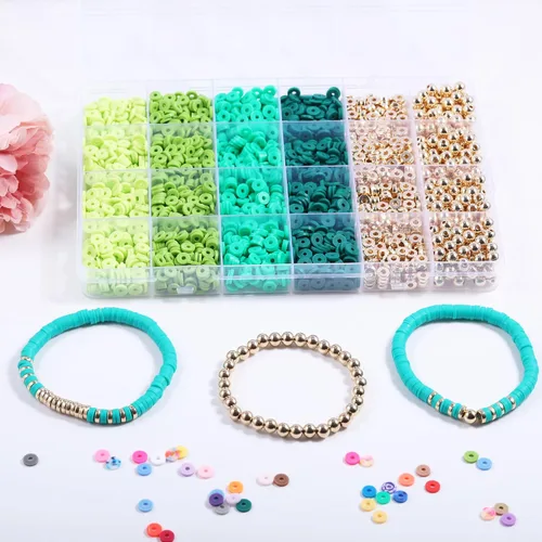 Miniatura 2 de 3020 cuentas de arcilla para suministros de joyería, kit de pulsera de la amistad con cuentas doradas (verde)