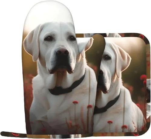 Juego de guantes de horno y soportes para ollas con estampado de labrador blanco, resistentes al calor, antideslizantes, guantes de horno y