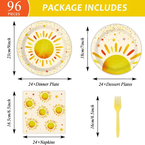 Miniatura 2 de 96 Piezas Decoraciones Primer Viaje Alrededor del Sol Sunshine Platos de Fiesta de Cumpleaños Platos Desechables Boho Sun Servilletas Folks Juego