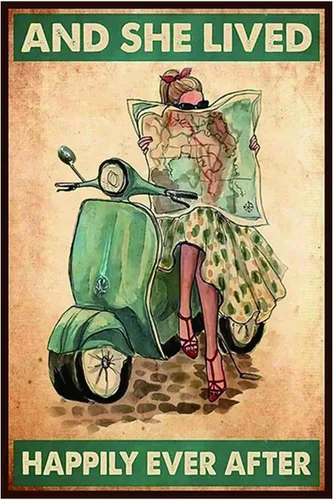 Husienzn Retro Tin Sign Metal Poster Vintage Boho Wall Décor, She Lived Happily, Motivational Encouragement Gifts for Women Home Office Bedroom