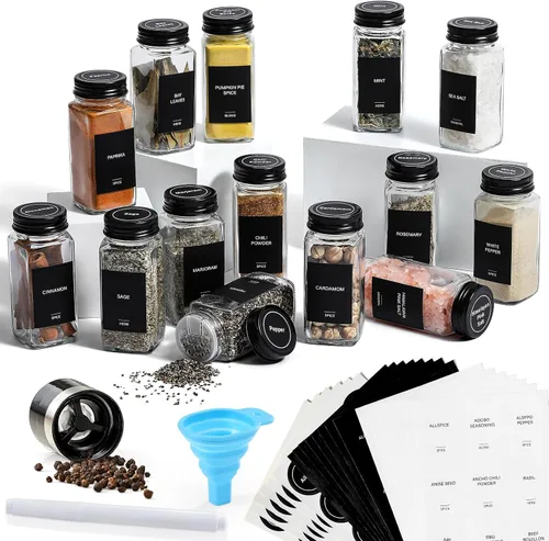 Miniatura 8 de Aozita - 14 tarros para especias de vidrio con tapas negras, botellas vacías cuadradas de 4 oz y etiquetas de especias, tapas negras de coctelera