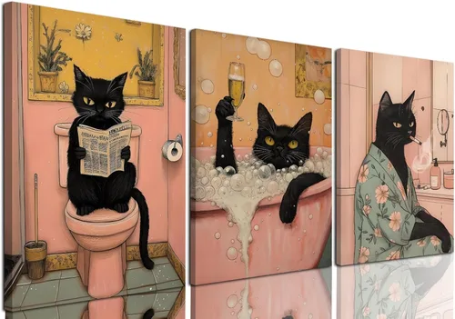Miniatura 10 de Conjunto de 3 divertidos cuadros de animales para baño, lindas pinturas de jirafa leyendo el periódico, arte en lienzo de batas botánicas eclécticas
